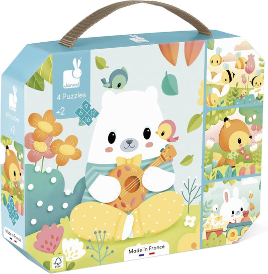 Janod - 4 quebra-cabeças de animais evolutivos - 6-9-12-16 peças - Quebra-cabeça progressivo - Brinquedos educativos - Para desenvolver paciência e destreza - Fabricado na França - A partir de 24 meses - J02552