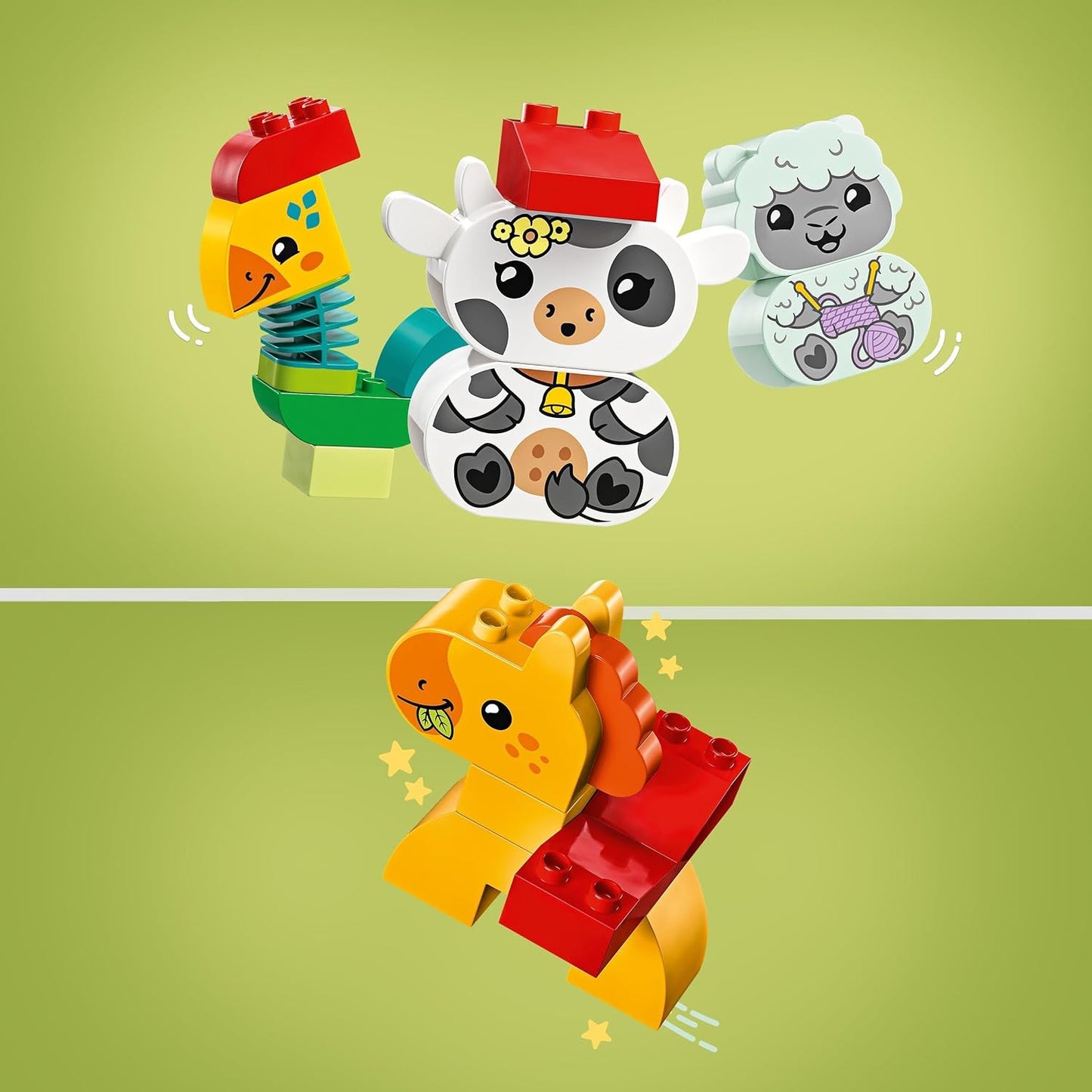LEGO DUPLO Meu primeiro brinquedo de trem de animais para crianças, conjunto de aprendizagem de tijolos criativos com animais de fazenda de galo, cavalo, cordeiro e vaca, presente de aniversário para meninos e meninas amantes da naturez