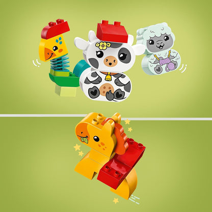 LEGO DUPLO Meu primeiro brinquedo de trem de animais para crianças, conjunto de aprendizagem de tijolos criativos com animais de fazenda de galo, cavalo, cordeiro e vaca, presente de aniversário para meninos e meninas amantes da naturez