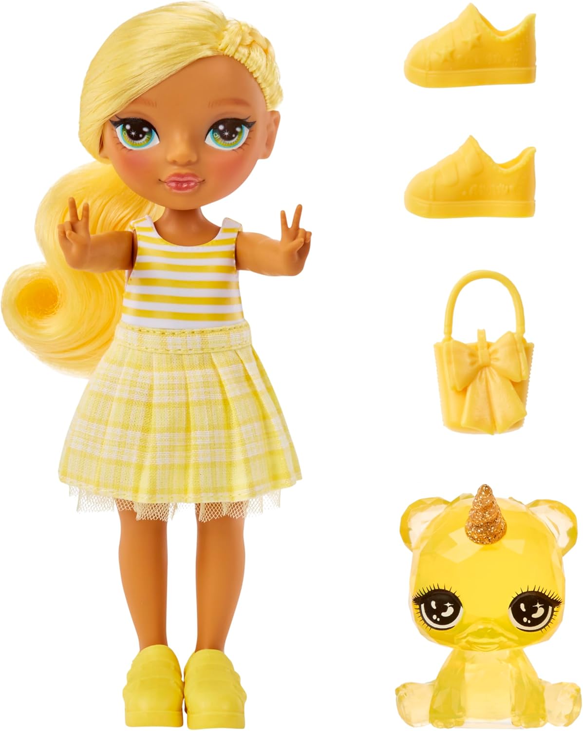 Rainbow High Littles - Daisy Madison - Boneca Fashion Pequena e Articulada - Amarela, 14 cm de Altura, com Bolsa e Urso de Estimação Mágico - Ideal para Crianças e Colecionadores