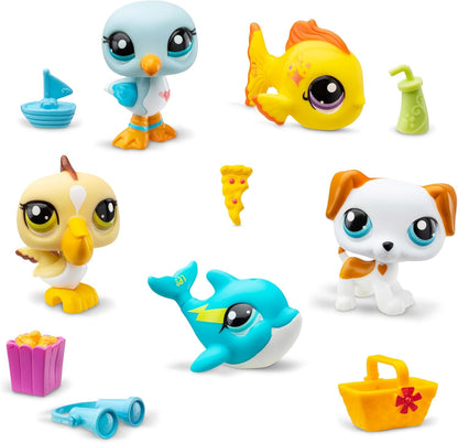 Littlest Pet Shop Collectors Pacote com 5 Amigas da Praia. O pacote contém 5 mini brinquedos LPS, 7 acessórios, 1 cartão colecionável e 1 código virtual. Brinquedos colecionáveis para meninas e meninos.