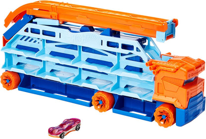 Hot Wheels Caminhão Transportador City Speed Drop, Inclui 1 Carrinho Hot Wheels, Capacidade para Mais de 20 Veículos em Escala 1:64, Transforma-se em uma Plataforma de Queda Livre de 60 cm de Altura, Ideal para Crianças a partir de 4 Anos, HDY92