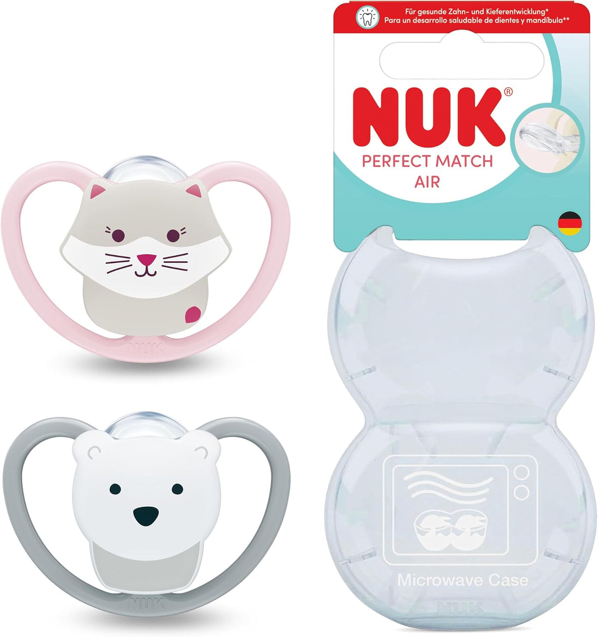 NUK Chupetas Perfect Match Air | 6-18 Meses | Chupetas ortodônticas que favorecem a circulação de ar e previnem irritações causadas pela saliva | 95% de aceitação pelos bebês** | Urso e Gato | Embalagem com 2 unidades