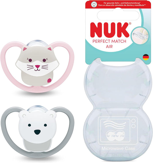 NUK Chupetas Perfect Match Air | 6-18 Meses | Chupetas ortodônticas que favorecem a circulação de ar e previnem irritações causadas pela saliva | 95% de aceitação pelos bebês** | Urso e Gato | Embalagem com 2 unidades