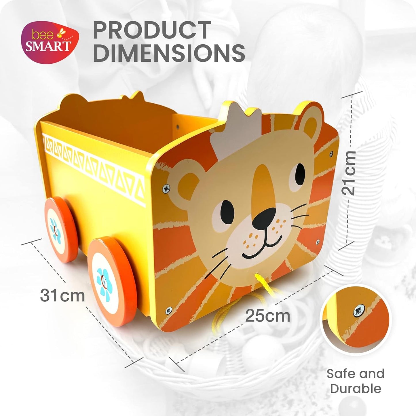 Bee Smart Caixa de brinquedos de madeira - Animal Leão | Carrinho pull along 2 em 1 e caixa de armazenamento sobre rodas para berçário ou quarto infantil | Troncos de bebê para brinquedos infantis