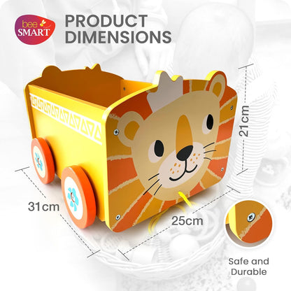 Bee Smart Caixa de brinquedos de madeira - Animal Leão | Carrinho pull along 2 em 1 e caixa de armazenamento sobre rodas para berçário ou quarto infantil | Troncos de bebê para brinquedos infantis
