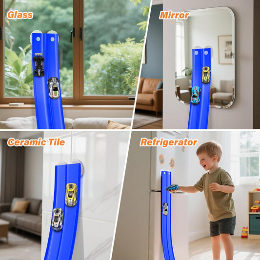 KETIEE Pista de corrida de 5m com 4 carrinhos: Pista de corrida flexível com rampas para carrinhos de brinquedo, enrolável e portátil, com saltos, loops e rampas para carrinhos de escala 1/64, para crianças a partir de 3 anos, azul.