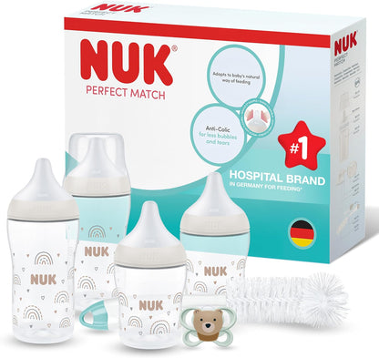 NUK Kit de Mamadeiras Perfect Match Perfect Start para Recém-Nascidos | 0-6 Meses | 4 Mamadeiras Anticólicas (150 ml, 260 ml), 2 Bicos, 1 Chupeta Air, 1 Escova de Limpeza | Rainbow | Conjunto com 8 Peças