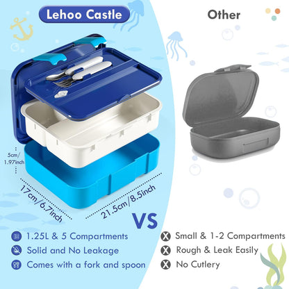 Lehoo Castle Lancheira infantil Bento, lancheira com 5 compartimentos, recipientes de almoço de 1,25L com pote de molho, colher e garfo para meninos e meninas, escola, à prova de vazamentos, sem BPA (dinossauro)
