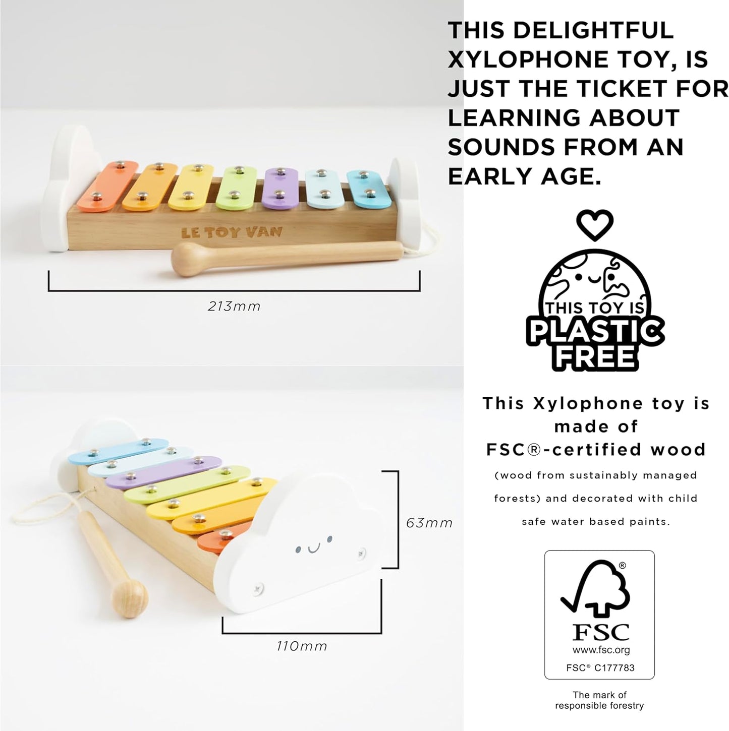 Le Toy Van – Xilofone Musical de Madeira | Brinquedo musical colorido para meninas e meninos com 7 notas sonoras deliciosas - adequado para maiores de 18 meses