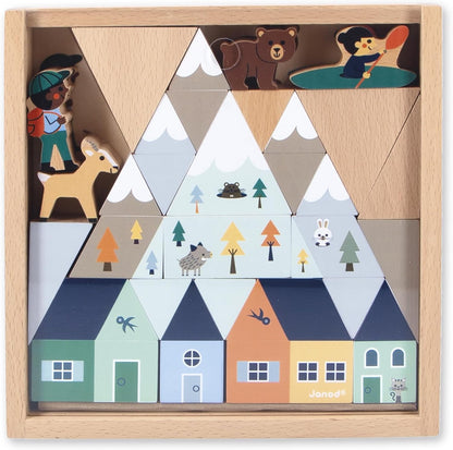 Janod - Conjunto de 34 cubos de madeira maciça - Tema Montanhas Nevadas - Complemento ideal para tapetes de carro - Brinquedo de construção - Desenvolve a imaginação - FSC Madeira