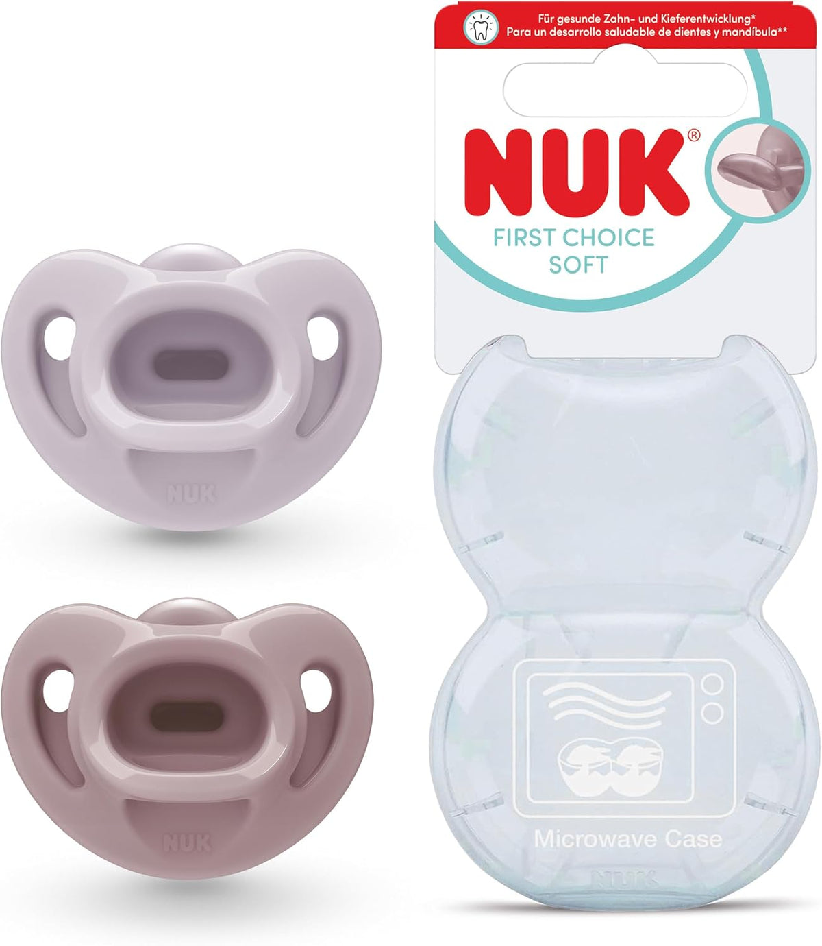 NUK Chupetas First Choice Soft | 0-6 Meses | Chupetas Ortodônticas de Silicone 100% Supermacio | 95% de Aceitação pelos Bebês** | Roxa e Vermelha | Embalagem com 2 Unidades