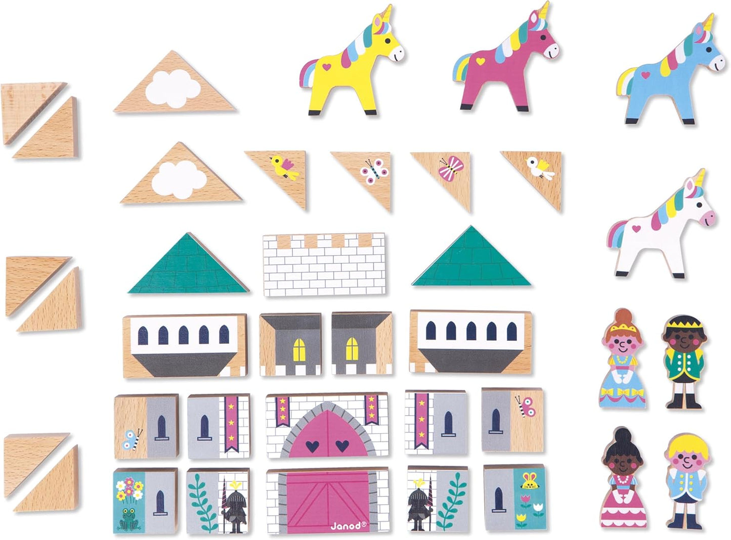 Janod - Conjunto de 35 cubos de madeira maciça - Tema Reino Encantado - Complemento ideal para tapetes de carro - Brinquedo de construção - Desenvolve a imaginação - Brinquedo de madeira FSCTM