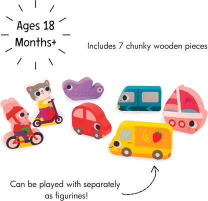 Janod - Quebra-cabeça robusto de “Veículos” - Madeira FSC - 7 peças - Desenvolve habilidades motoras finas, concentração e imaginação - 18 meses +,
