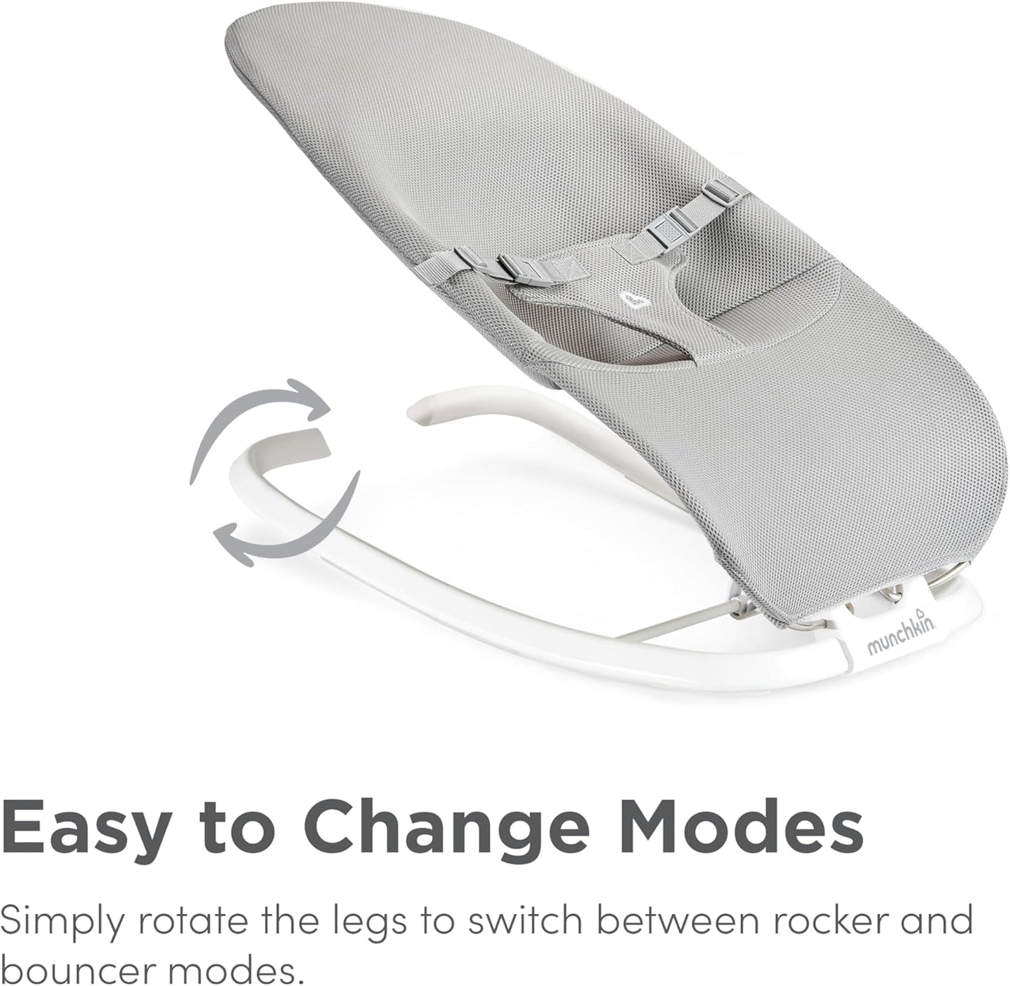 Munchkin 2 em 1 Spring Baby Bouncer Rocker - Balanço suave para bebês do nascimento aos 9 kg (20 lb). Balanço com 3 posições de reclinação, leve, dobrável para fácil armazenamento e transporte, cinza