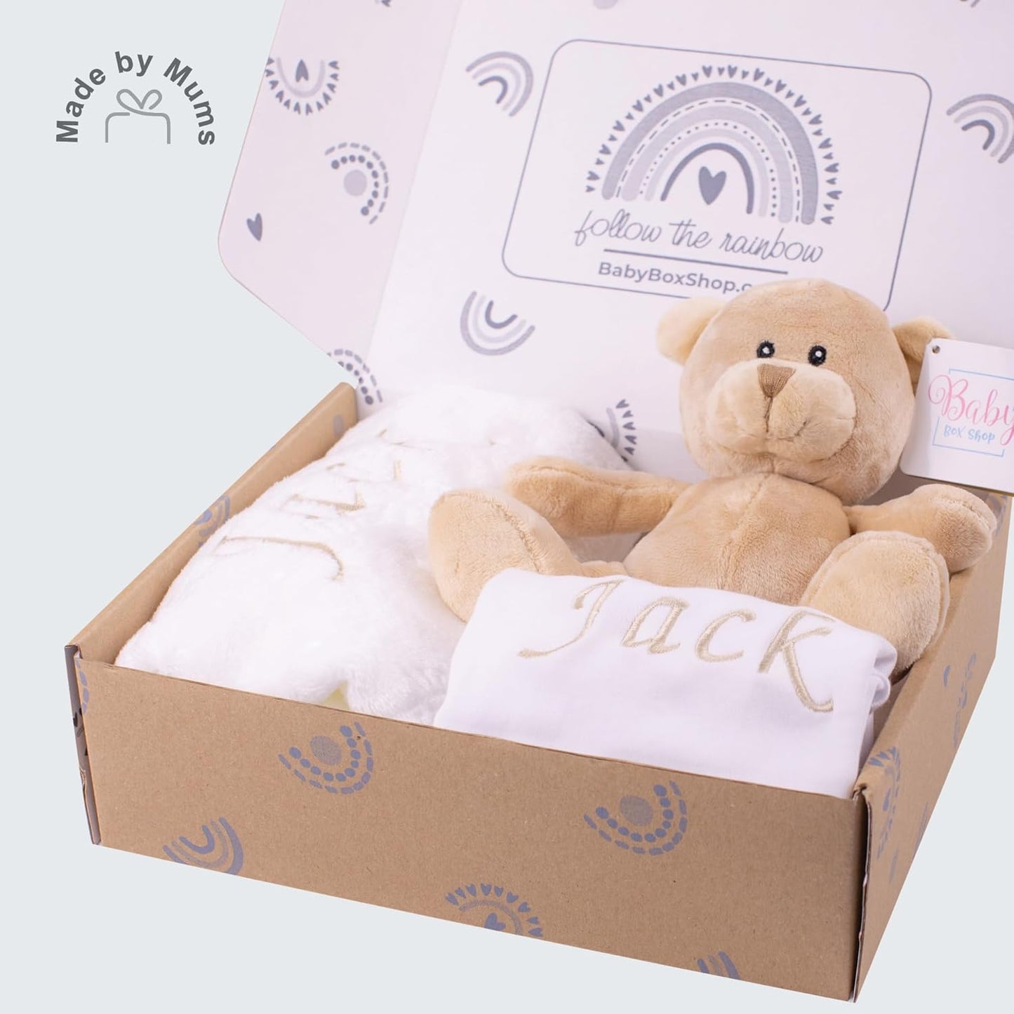 Baby Box Shop - Presentes personalizados para bebês unissex - Manta de bebê personalizada bege, azul, rosa e body de bebê personalizado com ursinho de pelúcia para bebê, ideal como presente de chá de bebê unissex e presente de batizado