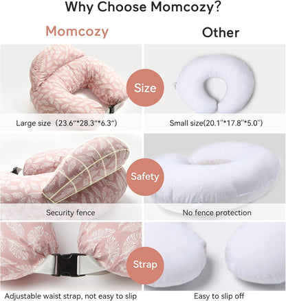 Momcozy Almofada de Amamentação com Suporte Ergonômico e Barreira de Segurança Original para a Segurança do Bebê - Facilitando e Proporcionando Conforto à Mãe e ao Bebê - Capa de Algodão Removível, Rosa