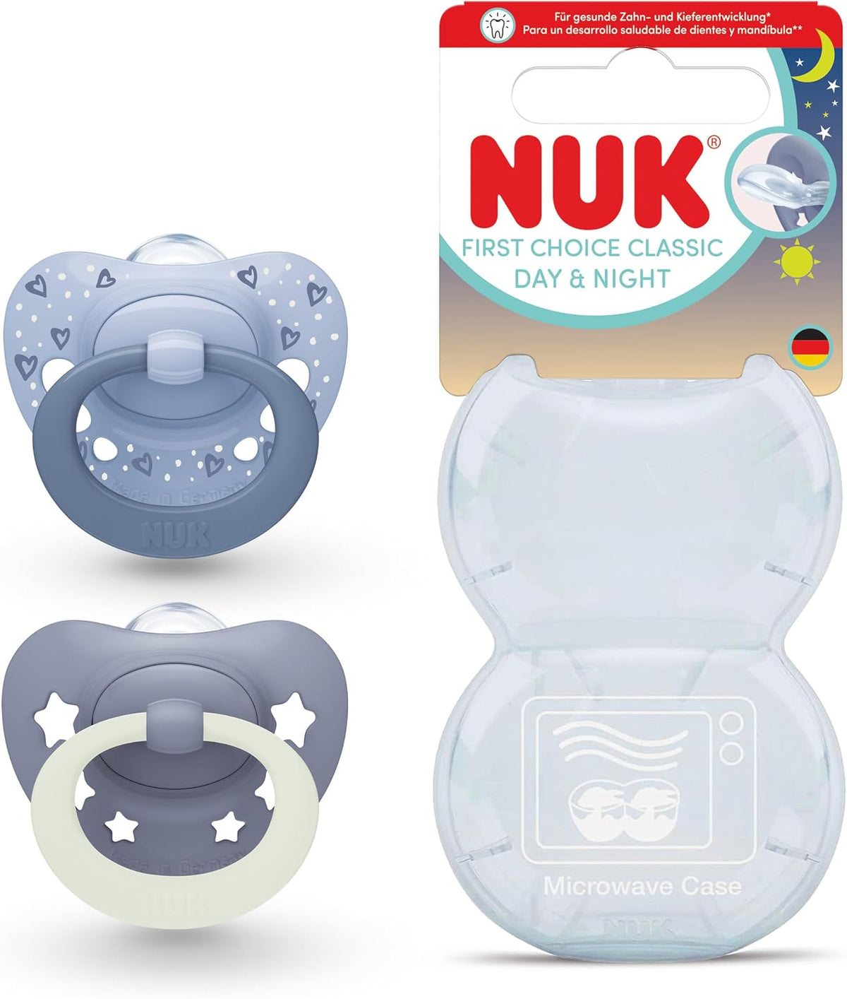 NUK Chupetas First Choice Classic Night | 0-6 Meses | Chupetas Ortodônticas que Brilham no Escuro | 95% de Aceitação pelos Bebês** | Azul | 2 Unidades