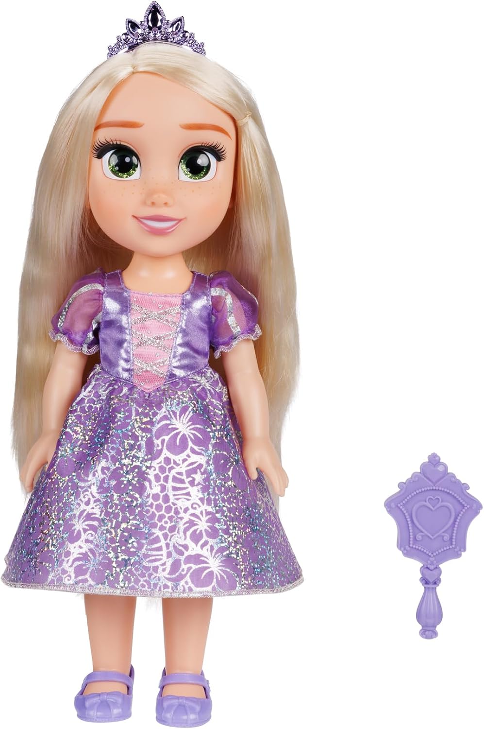 Disney Boneca Princess My Friend Rapunzel 35 cm O novo e lindo traje inclui uma saia com estampa holográfica em tom de platina