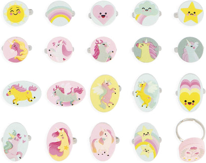 Janod - 20 Anéis de Madeira Ajustáveis Tema Unicórnio para Crianças - 10 Redondos + 10 Ovais - Anéis Ajustáveis - Joias de Madeira e Metal - Brinquedo para Meninas - Acessório de Moda - A partir de 3 Anos - J08881