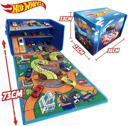 Hot Wheels Caixa de Garagem com Tapete de Brincar - 3 em 1 Caixa de Armazenamento Dobrável para Carrinhos com Pistas de Velocidade | Armazenamento para Carrinhos de Brinquedo (Carrinhos Não Inclusos)