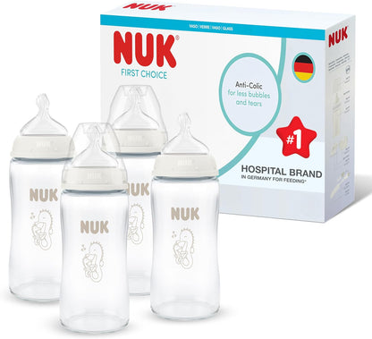 NUK Mamadeiras First Choice | 3+ meses | 240 ml | Mamadeira anticólica | Vidro | Indicador de controle de temperatura | Cavalo-marinho | Kit com 4 unidades
