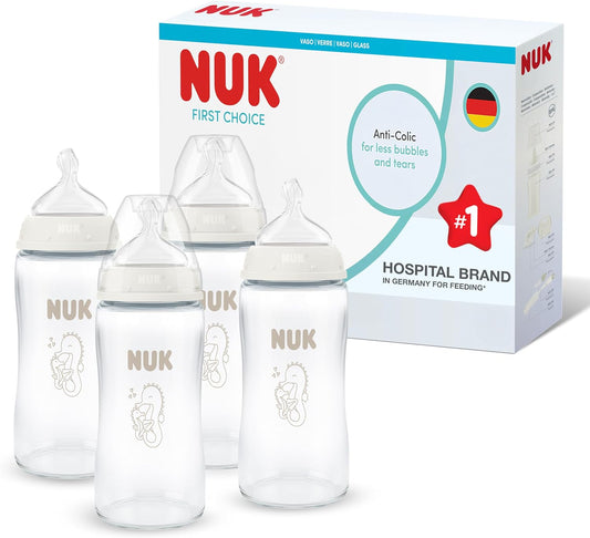 NUK Mamadeiras First Choice | 3+ meses | 240 ml | Mamadeira anticólica | Vidro | Indicador de controle de temperatura | Cavalo-marinho | Kit com 4 unidades