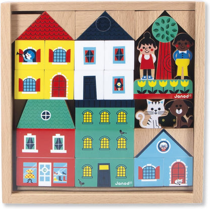 Janod - Conjunto de 36 cubos de madeira maciça - Tema de cidade - Complemento ideal para tapetes de carro - Brinquedo de construção - Desenvolve a imaginação - FSCTM Madeira