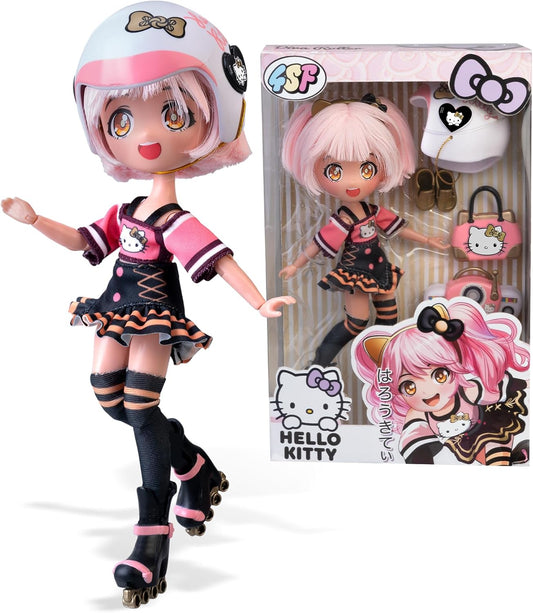 Hello Kitty 4SF Famosa Golden Diva Roller, boneca japonesa fashion com visual de patins, figura de 19,5 cm com 15 pontos de articulação, inclui capacete, bolsa, acessórios musicais e botas (HKTF1000)