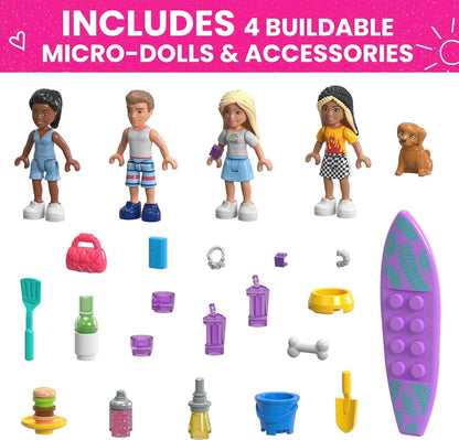 MEGA Conjunto de Construção Construx Barbie – Aventura no Trailer dos Sonhos, com 580 peças, 4 micrombonecas, pets da Barbie e acessórios, Rosa, para crianças a partir de 6 anos, HPN80