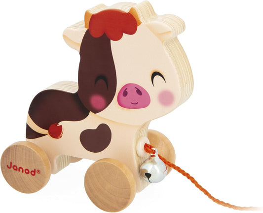 Janod - Wooden Walking Cow with Tinkerbell - Pull & Push Toy - Motor Skills & Imagination Training - 50cm string suitable for little hands - FSC Certified - From 12 months, J03324