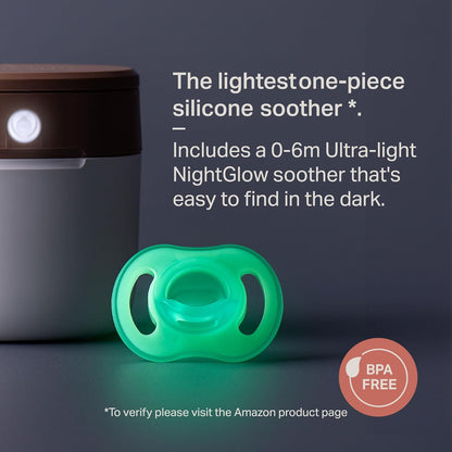 Tommee Tippee NightGlow Pod com chupeta NightGlow ultraleve para bebês de 0 a 6 meses, carrega chupetas que brilham no escuro em 2 minutos, esterilizador de chupetas UVC portátil, alça ajustável, funciona com pilha AA ou USB.