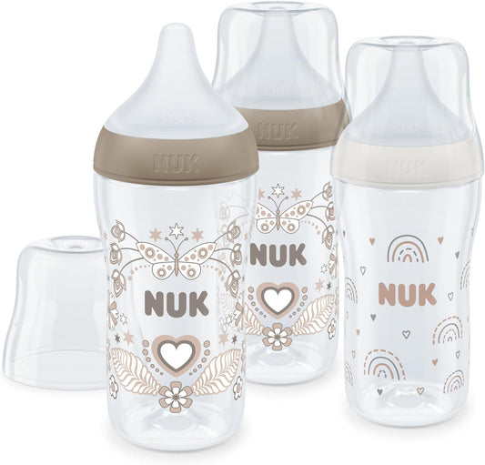 NUK Perfect Match, Kit de Mamadeiras, controle de temperatura, ventilação anticólica, 260 ml, sem BPA, bico de silicone médio, arco-íris e coração, 3 unidades