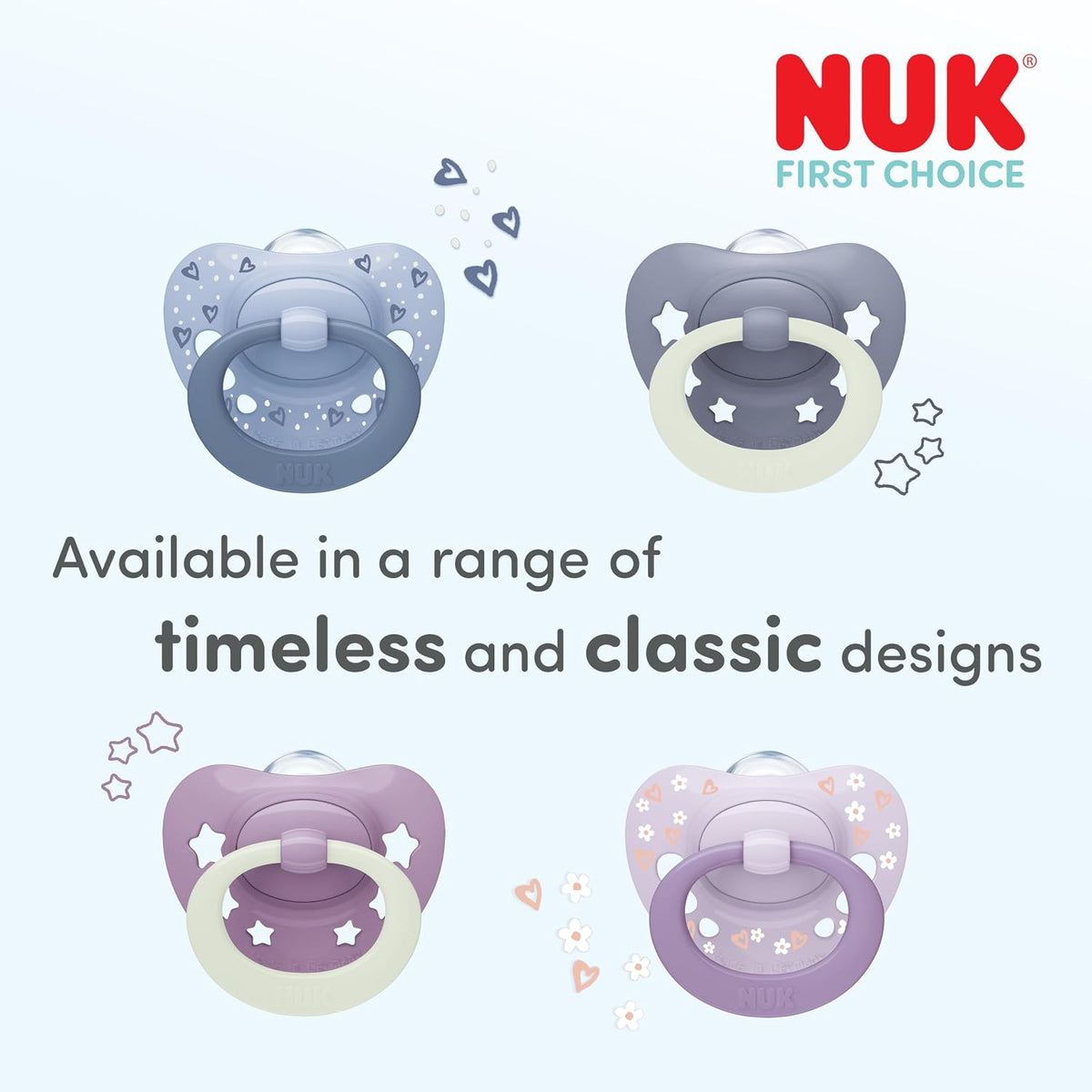 NUK Chupetas First Choice Classic Night | 0-6 Meses | Chupetas Ortodônticas que Brilham no Escuro | 95% de Aceitação pelos Bebês** | Azul | 2 Unidades