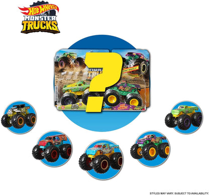 Hot Wheels Monster Trucks Demolition Doubles, Conjunto de 2 caminhões de brinquedo em escala 1:64, dois veículos de personagens Monster Truck com roda gigante, FYJ64