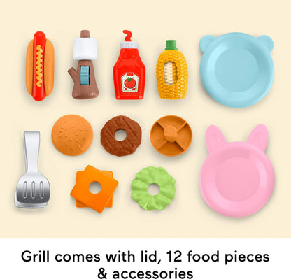 Fisher-Price Brinquedos para Crianças Pequenas - Churrasqueira de Atividades da Floresta da Amizade, Conjunto de 14 Peças de Comida para Brincar de Faz de Conta para Crianças em Idade Pré-escolar a partir de 2 Anos, JLB82