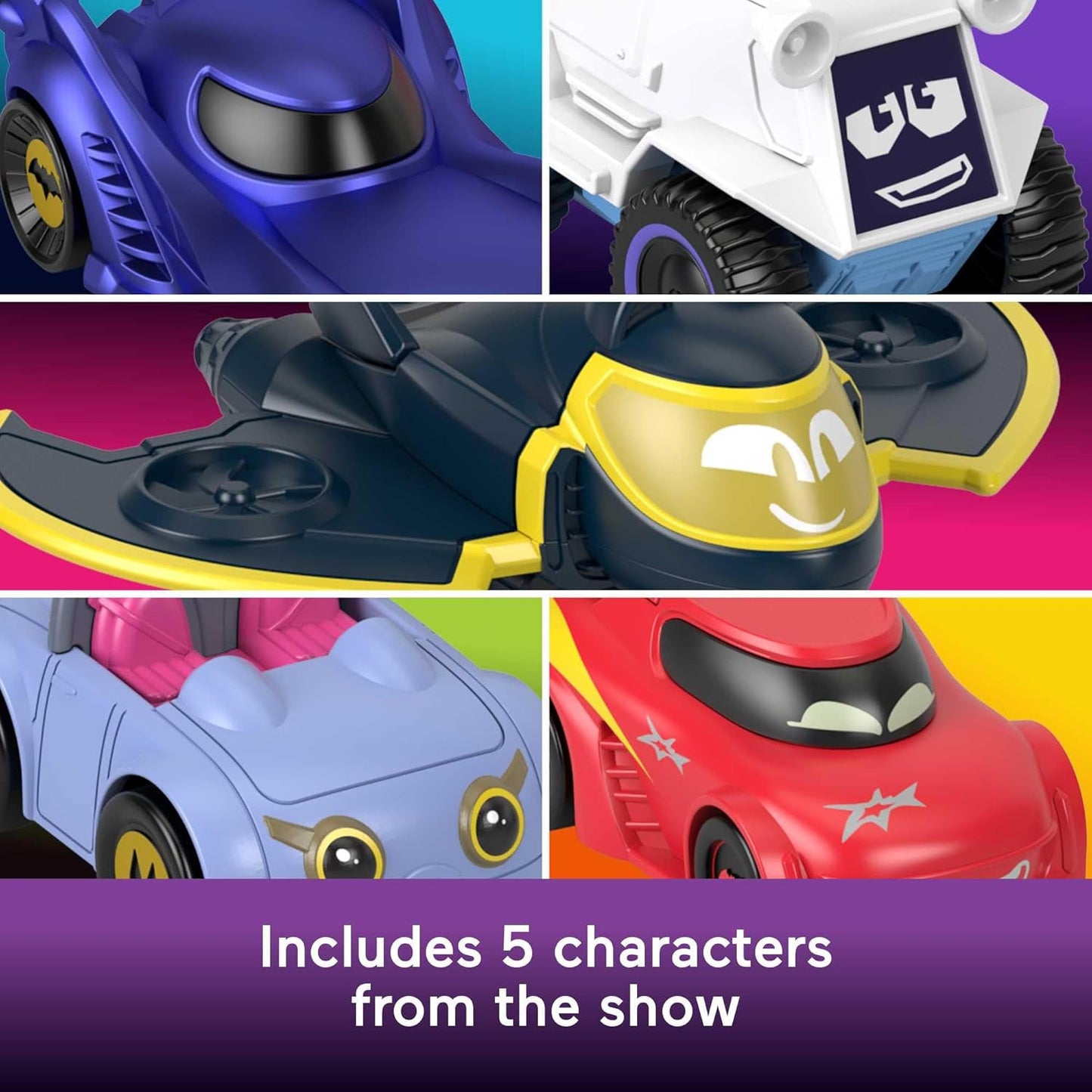 Conjunto de 5 carrinhos de brinquedo Fisher-Price DC Batwheels em escala 1:55: Bam, Batmóvel, Redbird, Kitty, Snowy e Batwing. Veículos de metal fundido Batcast. Para crianças a partir de 3 anos. HML20