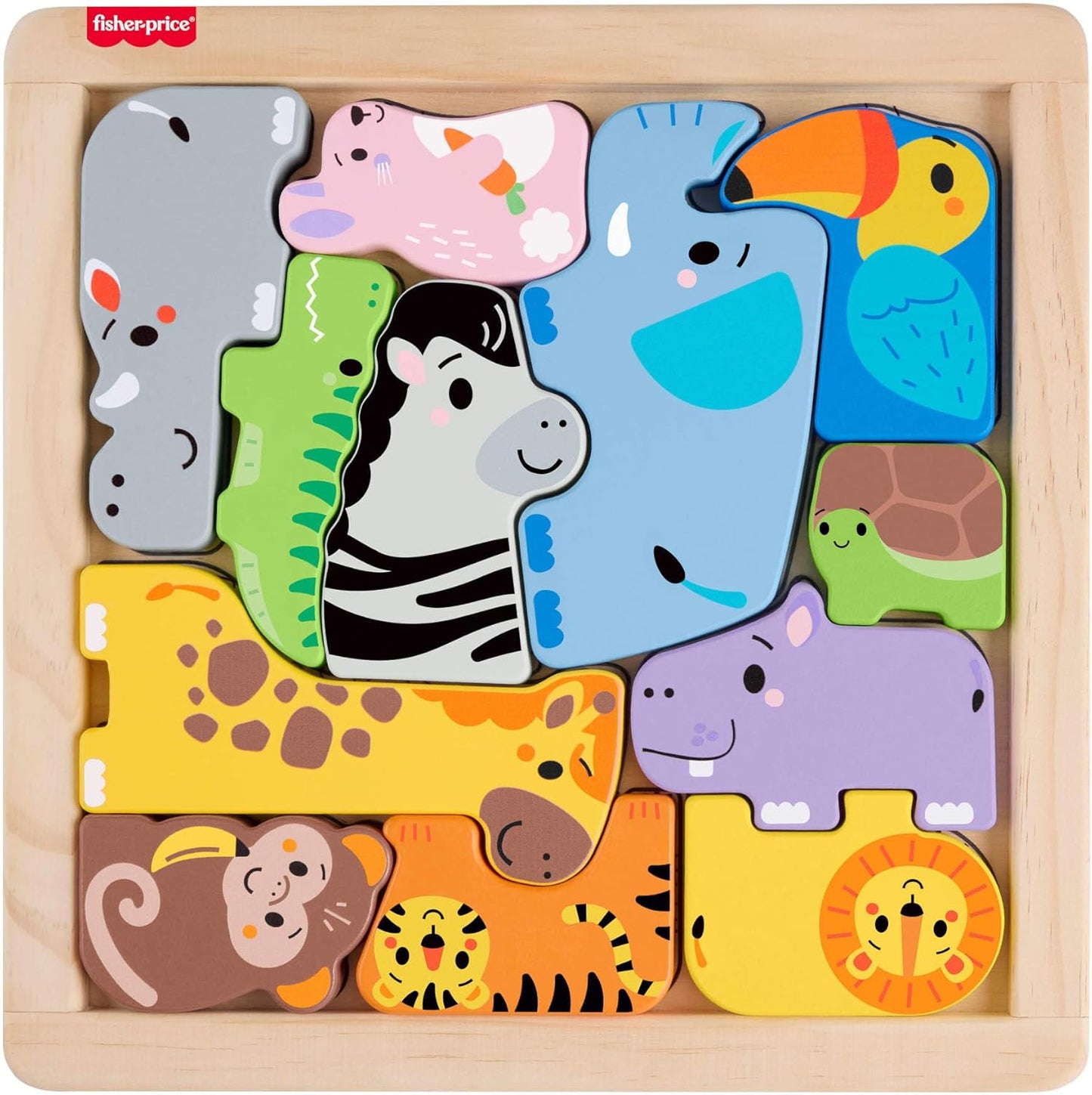 Quebra-cabeça de madeira com animais da Fisher-Price para crianças pequenas, com 13 peças de madeira para encaixar formas e decorar, ideal para crianças em idade pré-escolar a partir de 2 anos (JFG10).