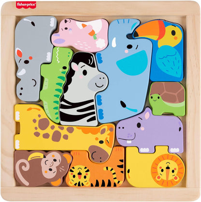 Quebra-cabeça de madeira com animais da Fisher-Price para crianças pequenas, com 13 peças de madeira para encaixar formas e decorar, ideal para crianças em idade pré-escolar a partir de 2 anos (JFG10).