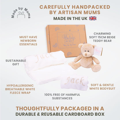 Baby Box Shop - Presentes personalizados para bebês unissex - Manta de bebê personalizada bege, azul, rosa e body de bebê personalizado com ursinho de pelúcia para bebê, ideal como presente de chá de bebê unissex e presente de batizado