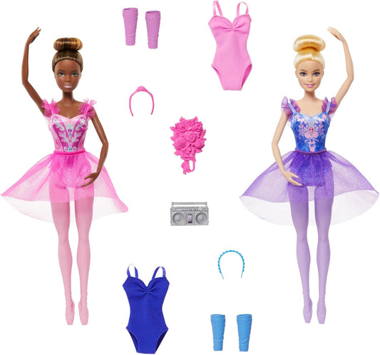Barbie Conjunto Sala de Balé com 2 Bonecas e 9 Acessórios, Bonecas Bailarinas Loira e Morena com Roupa Extra e Peças Temáticas de Dança, HXC37