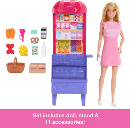 Barbie e Teresa, Receita para Amizade, Boneca da Moda e Conjunto de Brinquedos, Tema Malibu no Mercado, com 11 Acessórios, Incluindo Barraca de Mercado e Comida, JCT05