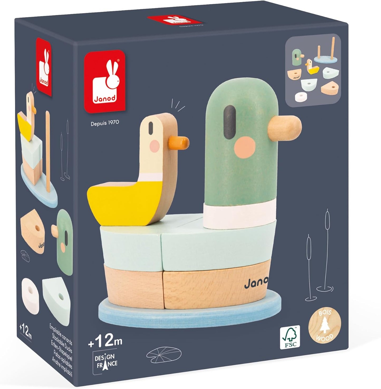 Janod - Pato empilhável Sweet Cocoon - 7 peças empilháveis de madeira FSC - Jogo de aprendizagem precoce - Desenvolve habilidades motoras finas - 12 meses +,