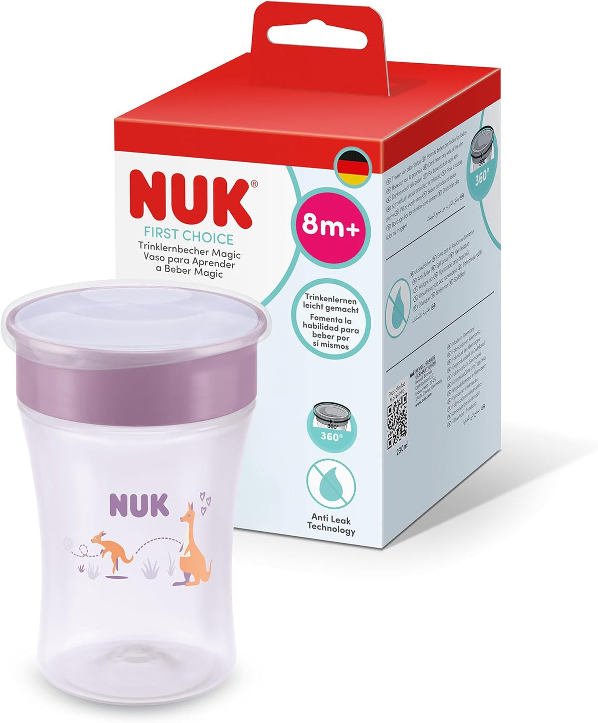 NUK Copo de Treinamento Magic Cup | 8+ meses | 230 ml | Borda 360° antivazamento | Copo para crianças pequenas | Canguru Lilás | 1 unidade