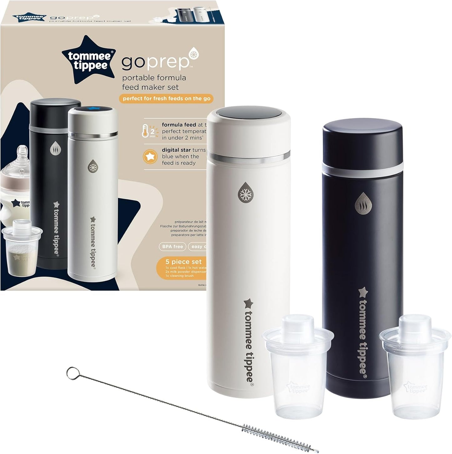 Tommee Tippee Perfect Prep Day & Night, máquina de fazer mamadeiras com display digital e volume ajustável, preto + Tommee Tippee GoPrep Formula Feed Maker Set.