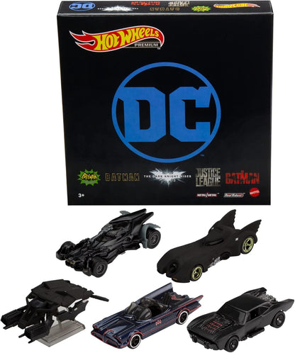 Hot Wheels Pacote Batman, 5 Batmóveis favoritos dos fãs, escala 1:64, veículos de brinquedo, embalagem especial, para brincar ou exibir, para fãs e colecionadores do Batman.
