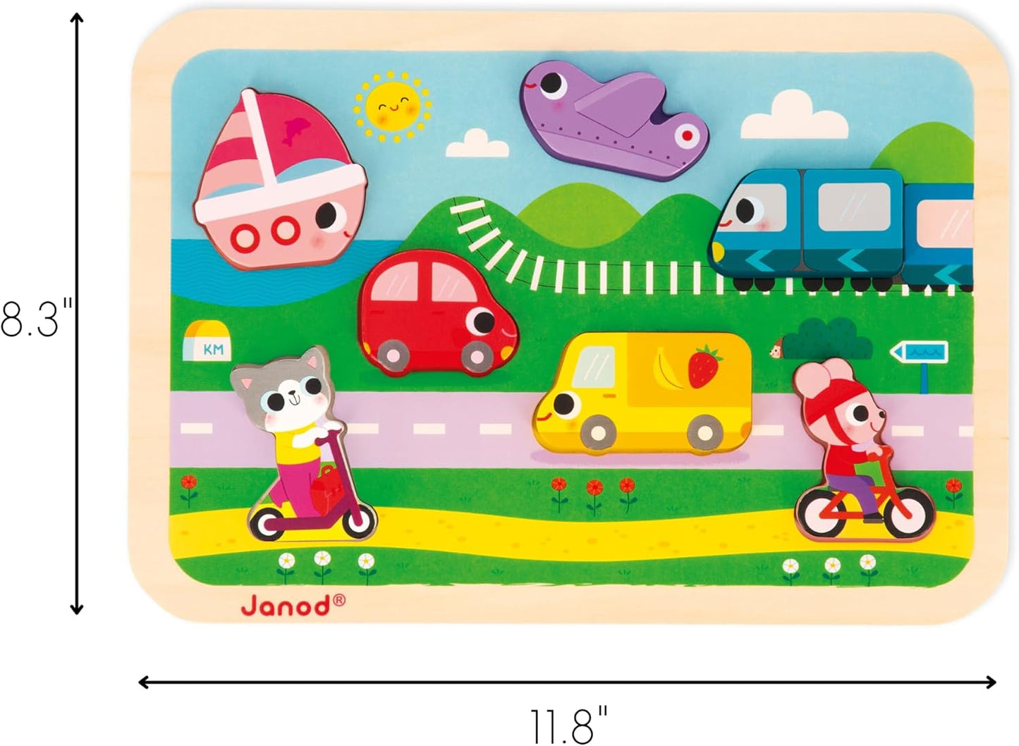 Janod - Quebra-cabeça robusto de “Veículos” - Madeira FSC - 7 peças - Desenvolve habilidades motoras finas, concentração e imaginação - 18 meses +,