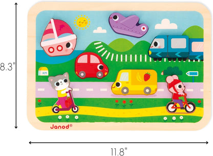 Janod - Quebra-cabeça robusto de “Veículos” - Madeira FSC - 7 peças - Desenvolve habilidades motoras finas, concentração e imaginação - 18 meses +,