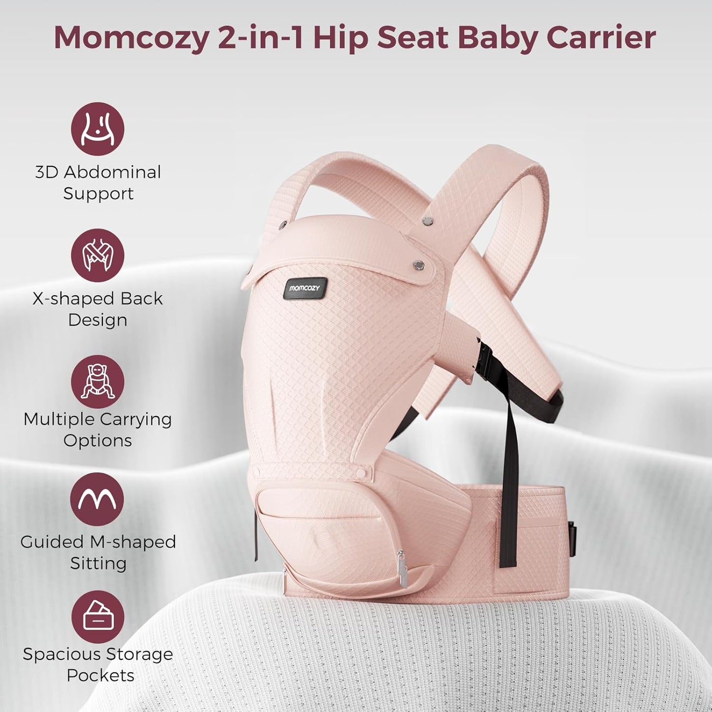 Momcozy Baby Carrier com assento para quadril, 2 em 1, voltado para a frente, para bebês ativos, carregador removível sem as mãos para até 20 kg, carregador infantil respirável, adequado para cinturas de até 120 cm, AirMesh rosa