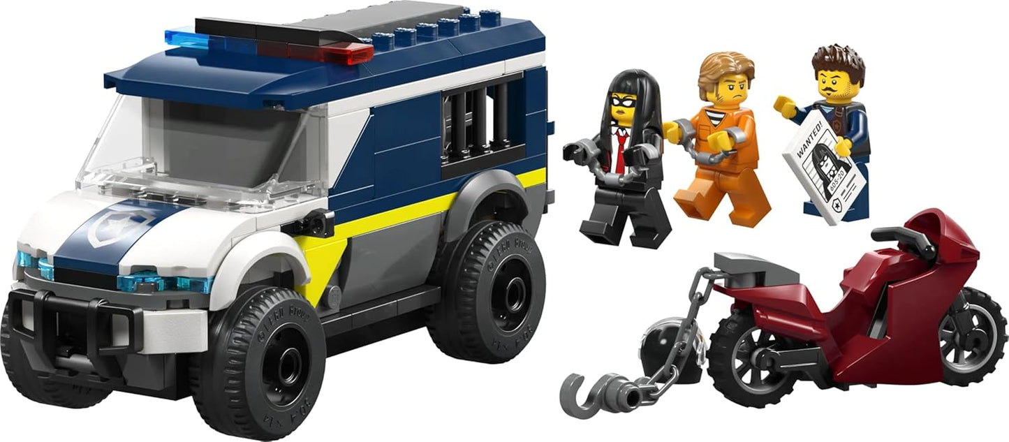 LEGO City Caminhão de Transporte de Prisioneiros da Polícia - Kit de Montagem com Moto, 3 Minifiguras e Porta de Cela Removível - Ideia de Presente de Aniversário para Meninos a partir de 6 Anos - 60479